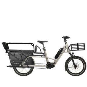 Electric cargo bike with a front basket and a rear passenger seat, designed for carrying people and goods (long-frame e-bike).