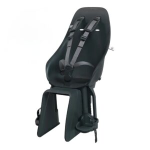 Rear-mounted child bicycle seat with gray adjustable harness and footrests, in dark gray/black color.
