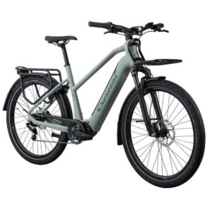 Electric city bike with a sage-green frame, integrated battery in the downtube, front suspension, disc brakes, and a rear cargo rack.
