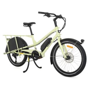 Electric cargo/utility bike with a front disc brake, battery pack, and rear rack for carrying cargo or a child seat.