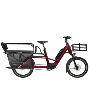 Red long-tail electric cargo bike with a front basket and rear cargo rack/box for hauling cargo or passengers.